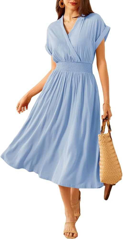 GRACE KARIN Women's Casual Linen Dresses 2024 Summer V Neck A Line Midi Dress with Pockets | Amazon (US)