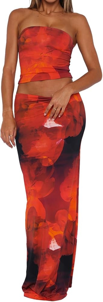 2 Piece Skirt Sets for Women Summer, Floral Sleeveless Tube Top Bodycon Maxi Skirts Y2k Vacation ... | Amazon (US)