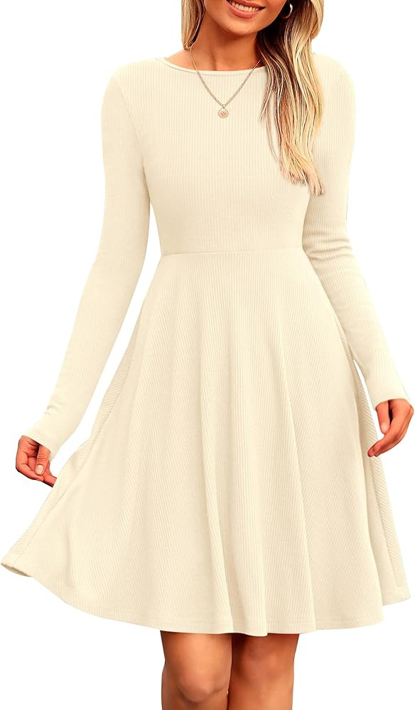 PRETTYGARDEN Women's Fall Short Dress Ribbed Knit Crewneck Long Sleeve A Line Flowy Casual Elegan... | Amazon (US)