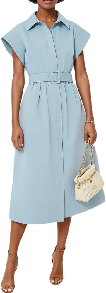 Womens 2025 Summer Short Sleeves Midi Dress Casual Button Down Long Dress with Belt | Amazon (US)