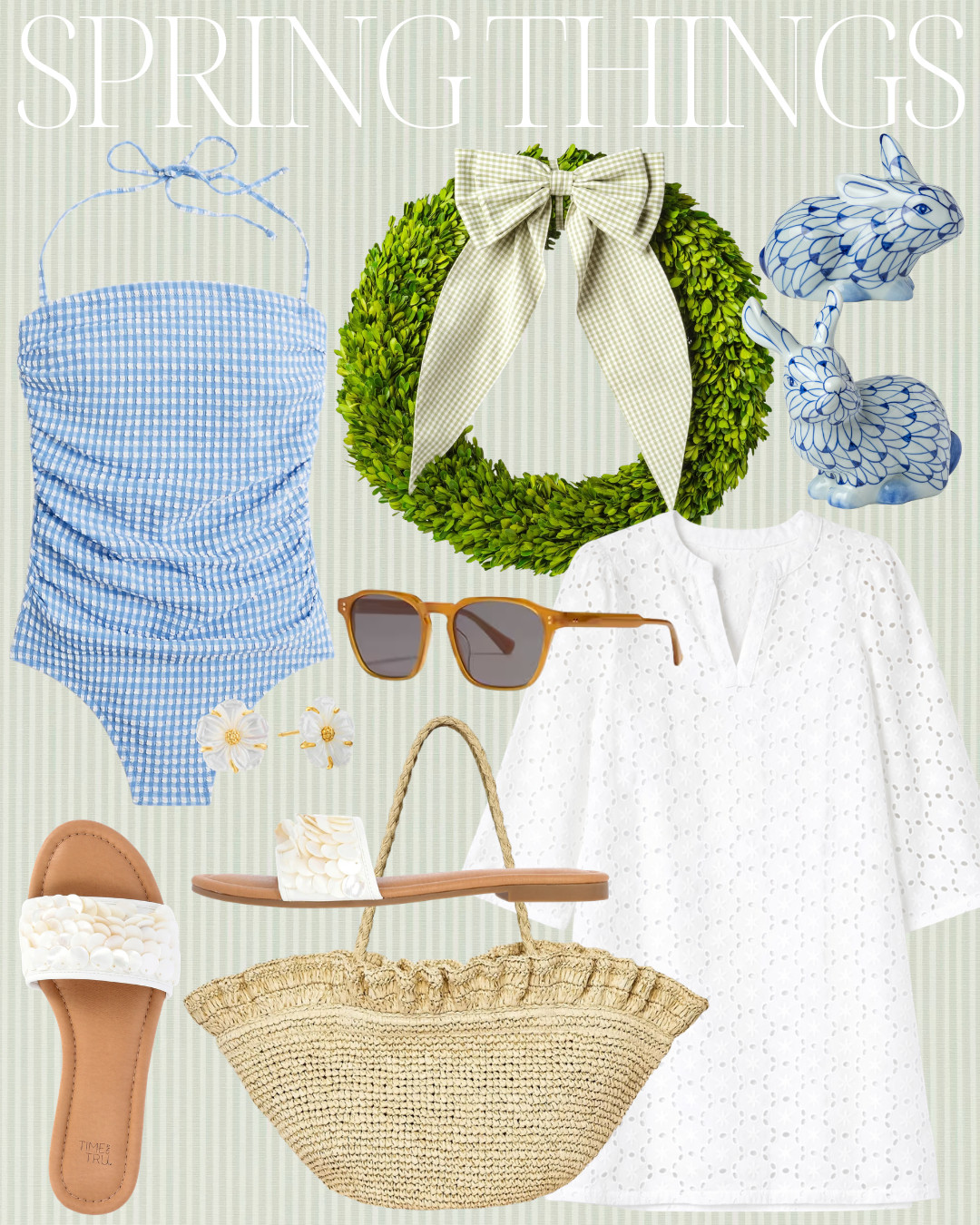 SPRING THINGS! Gingham swimsuit, blue and white bunnies, white coverup, white sandals, woven ruffle bag, white flower earrings, gingham wreath bow 

 #LTKootd #LTKSeasonal #LTKHome