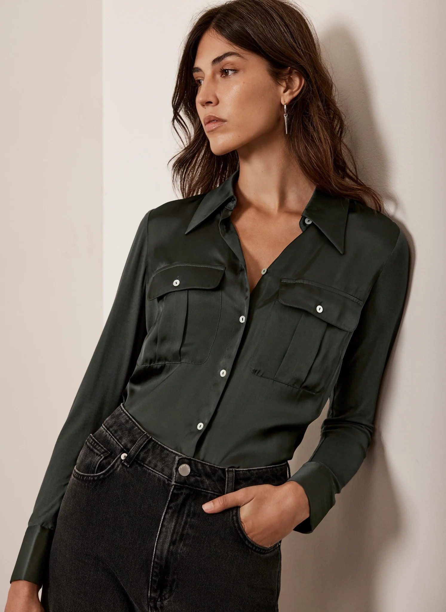 Khaki Satin Utility Shirt | Mint Velvet (US)