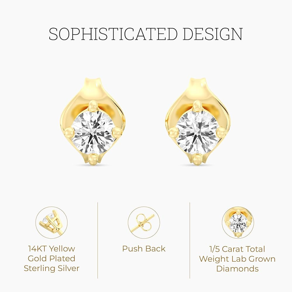 Gilded Lab-Grown Diamond Stud Earrings for Women| 925 Sterling Silver Studs and 14KT Gold 925 Pla... | Amazon (US)