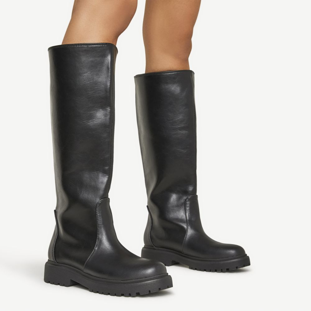 Kira Knitted Insert Chunky Sole Knee High Long Biker Boot In Black Faux Leather | EGO (UK)