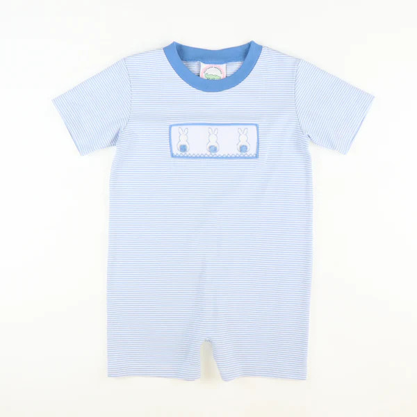 Smocked Cotton Tail Bunnies Boy Romper - Light Blue Stripe Knit | Southern Smocked Co.