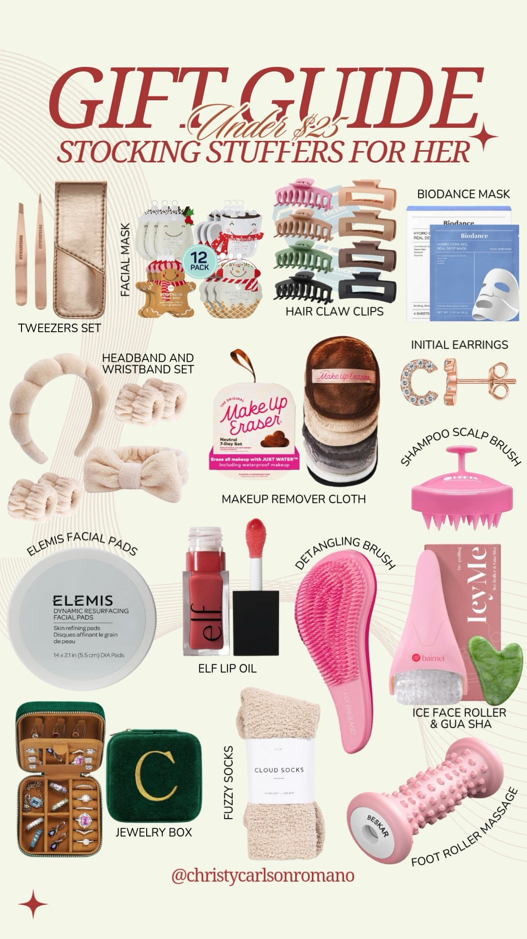 Treat her to these under $25 stocking stuffers that she’ll love! Grab this makeup eraser cloth, shampoo scalp scrubber, detangling brush, e.l.f. lip oil, jewelry case, foot roller massager, hair claw clips, initial earrings, and more!
#affordablefinds #giftsforher #womensgiftguide #founditonamazon

#LTKGiftGuide #LTKBeauty #LTKFindsUnder50