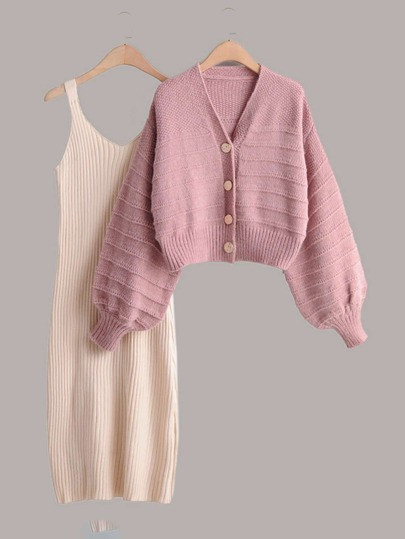 Bishop Sleeve Button Through Cardigan & Cami Sweater Dress | SHEIN