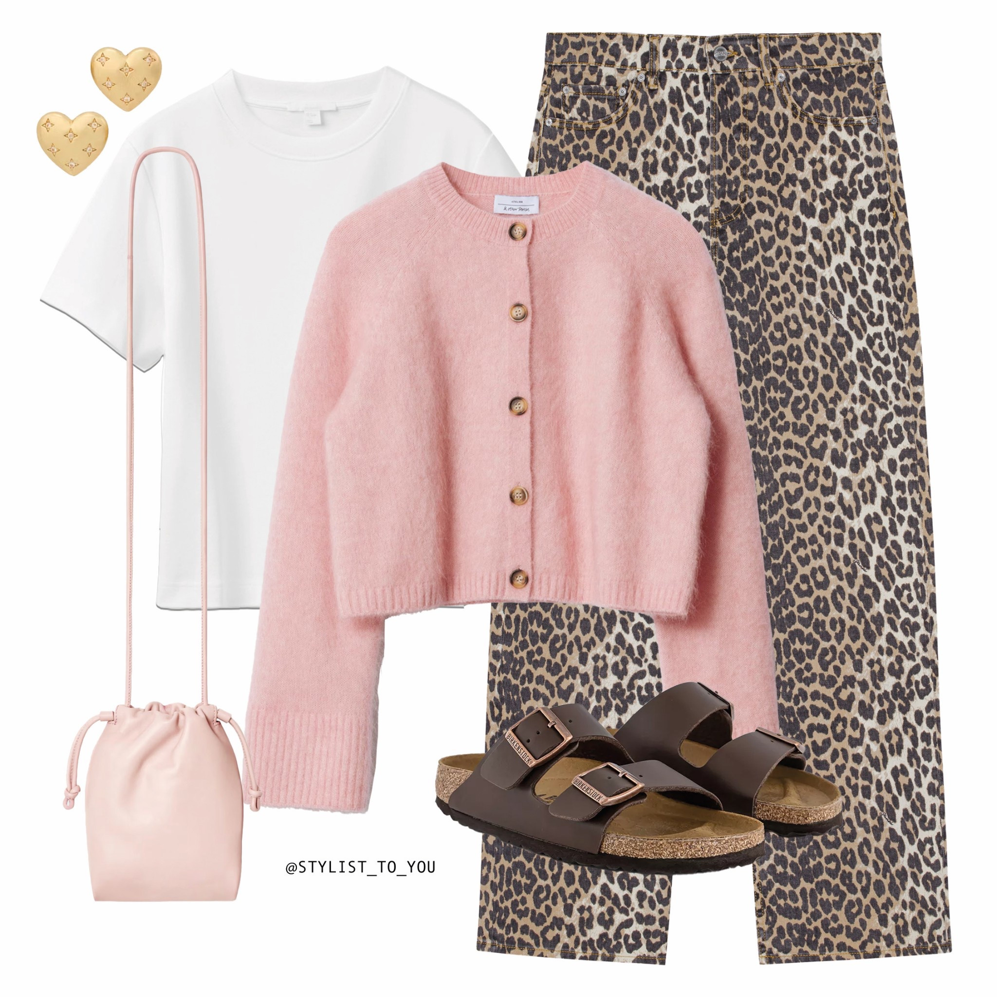 Leo & pastels for spring 🩷🐆

Flatlay of a soft pink cropped cardigan styled with a white t-shirt, leopard print jeans, brown Birkenstock sandals, a blush pink mini bucket phone bag, and gold heart-shaped earrings. pink outfit, pastel pink, pastel outfit, spring layering, leopard jeans, Birkenstock sandals, comfy spring look, animal print pants, cozy outfit, soft knitwear, pink and brown outfit, casual style, relaxed fashion, spring outfit inspo, capsule wardrobe, feminine casual, comfy chic, spring neutrals, pastel trend, cute accessories, gold earrings, soft textures, effortless outfit, transitional dressing, wardrobe ideas, flatlay fashion, weekend outfit, relaxed style, easygoing chic, Parisian inspired, modern feminine, cozy meets cool, stylish basics, spring essentials, heart earrings, aesthetic outfit, neutral and pastel, minimalist fashion, cute spring fit.#LTKxAFSale

#LTKeurope #LTKspring #LTKuk