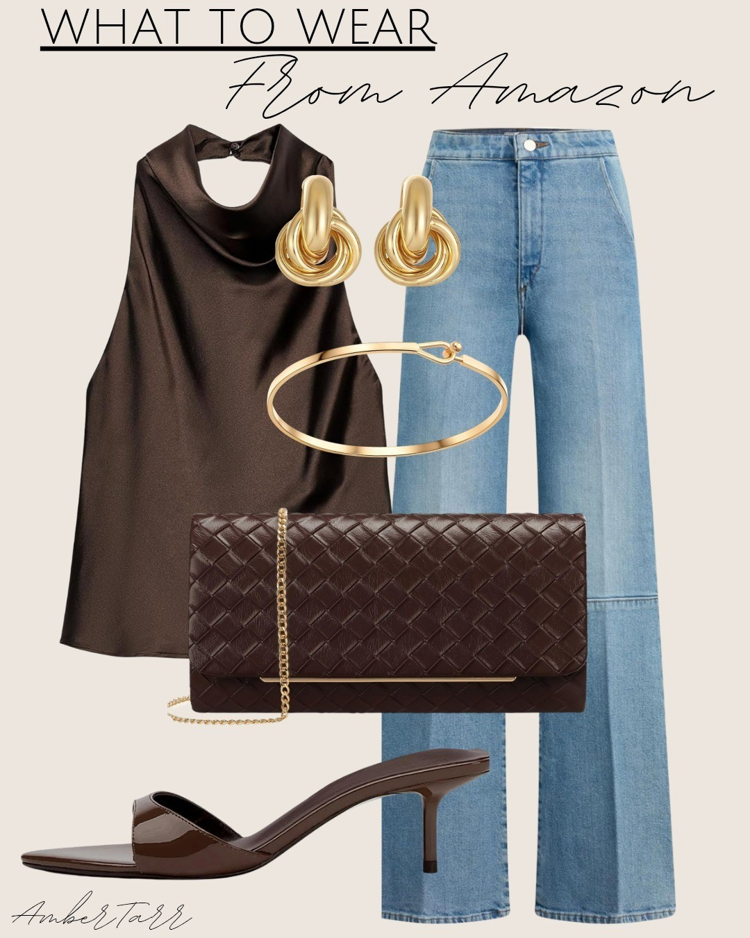 Amazon chic but elevated with a satin halter top, wide-leg jeans, a woven clutch, gold statement jewelry, and brown heeled sandals.

#LTKOver40 #LTKFindsUnder100 #LTKFindsUnder50