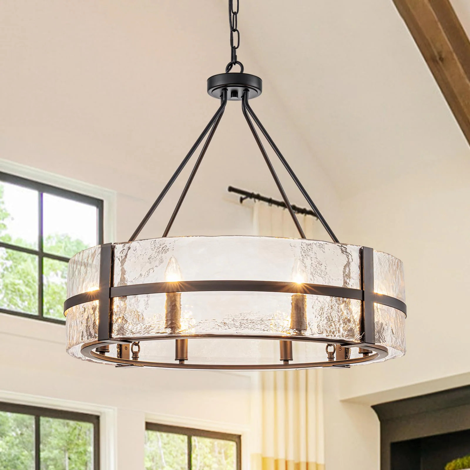 Vrbgify 28 inch Black Glass Chandelier 8 Light Modern Drum Chandelier Adjustable Chain for Dining Room Foyer Living Room High Ceiling 1 Piece | Lowe's