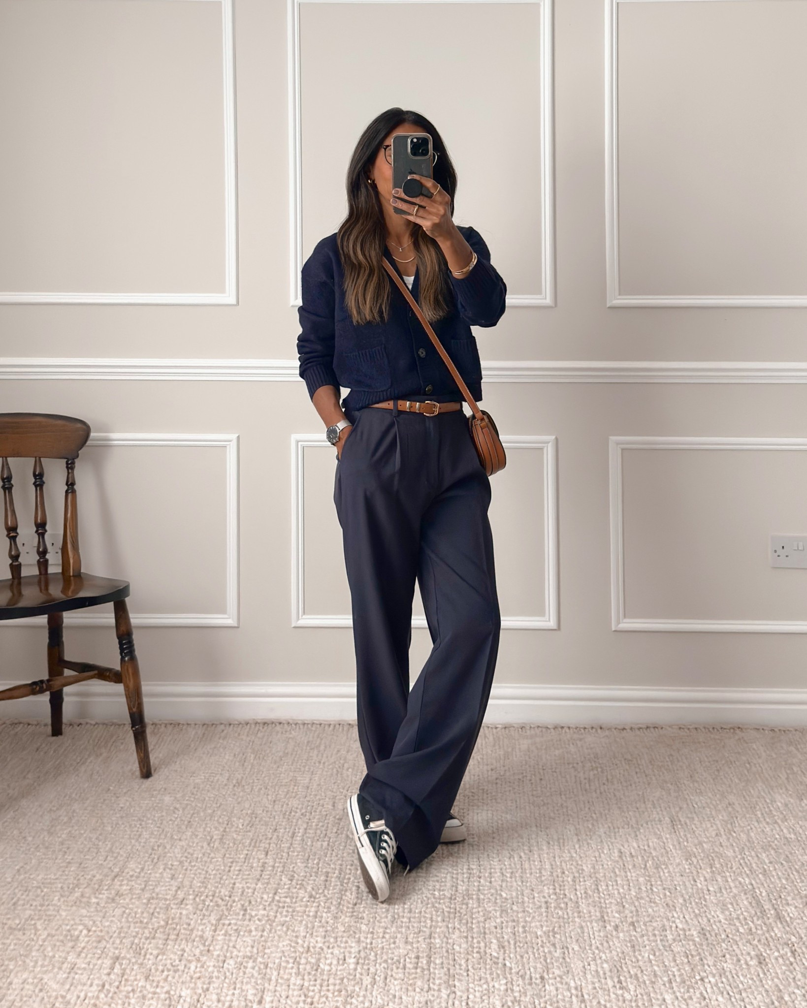 Navy cardigan with pockets - wearing size small. This is a boxy fit so will be swapping for XS. I
normally tuck my cardigans so if you’re the same, recommend sizing down.

I’ve also tagged another navy cardigan that I own from H&M. Would recommend sizing down as very generous fit. This one doesn’t have pockets and is a more relaxed fit imperfect with jeans and skirts/dresses.
High waist wide leg trousers - wearing my regular size - UK size 8


#LTKeurope #LTKautumn