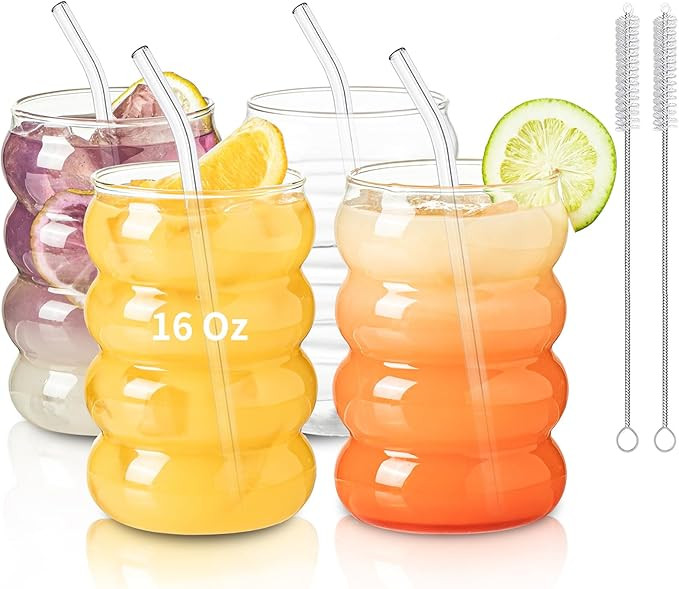 KEMORELA 16oz Wave Shape Beverage Glasses With Straws,Vintage Glass Cups Wine Mugs Set, Ripple Dr... | Amazon (US)