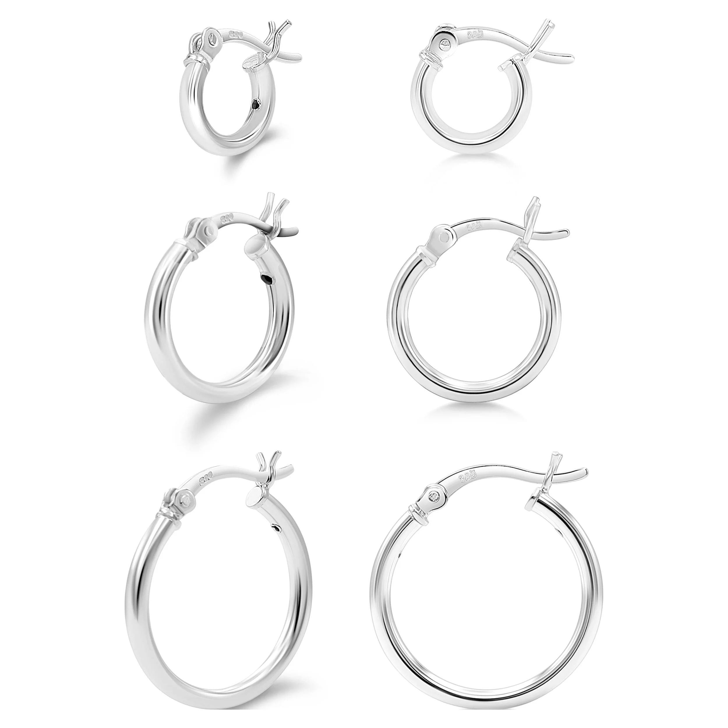Set of Three (3) 925 Sterling Silver 2mm Hoop Earrings for Women Girls (10mm, 15mm, 20mm) | Walmart (US)