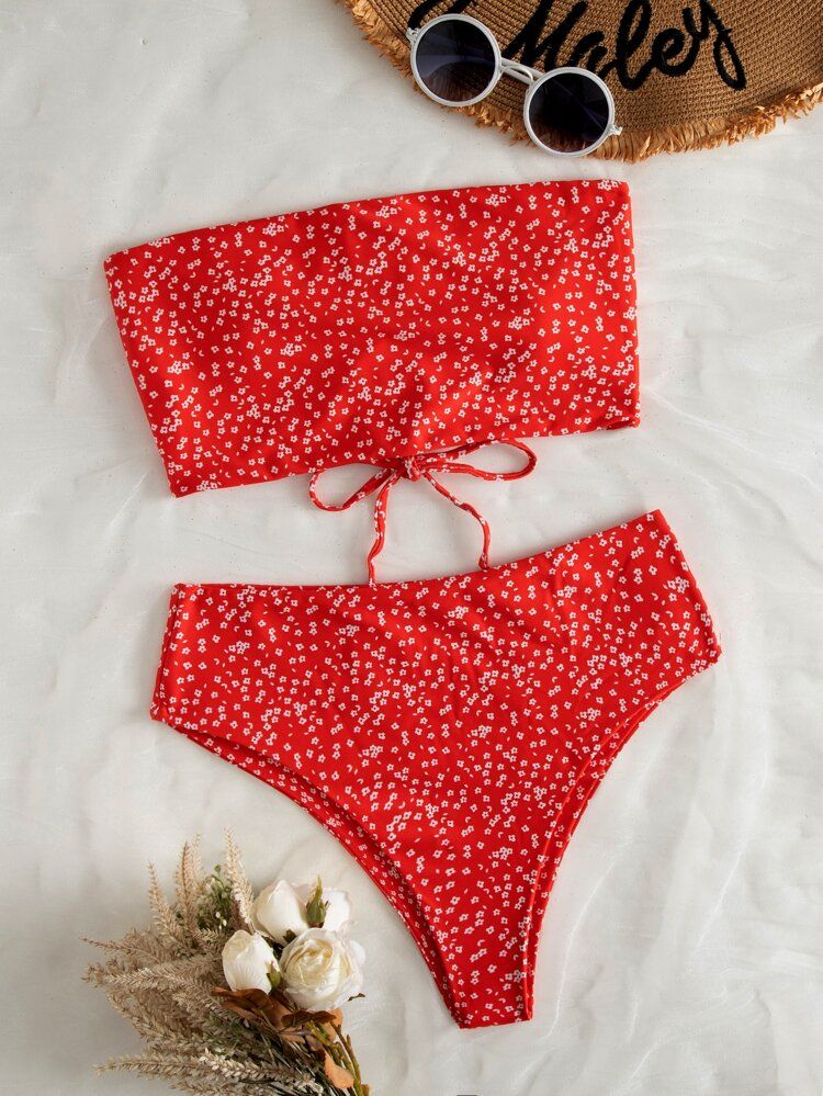 Ditsy Floral Print Bandeau Bikini Swimsuit | SHEIN