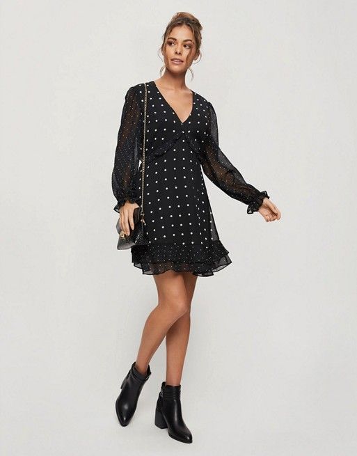 Miss Selfridge chiffon mini dress in black polkadot | ASOS (Global)