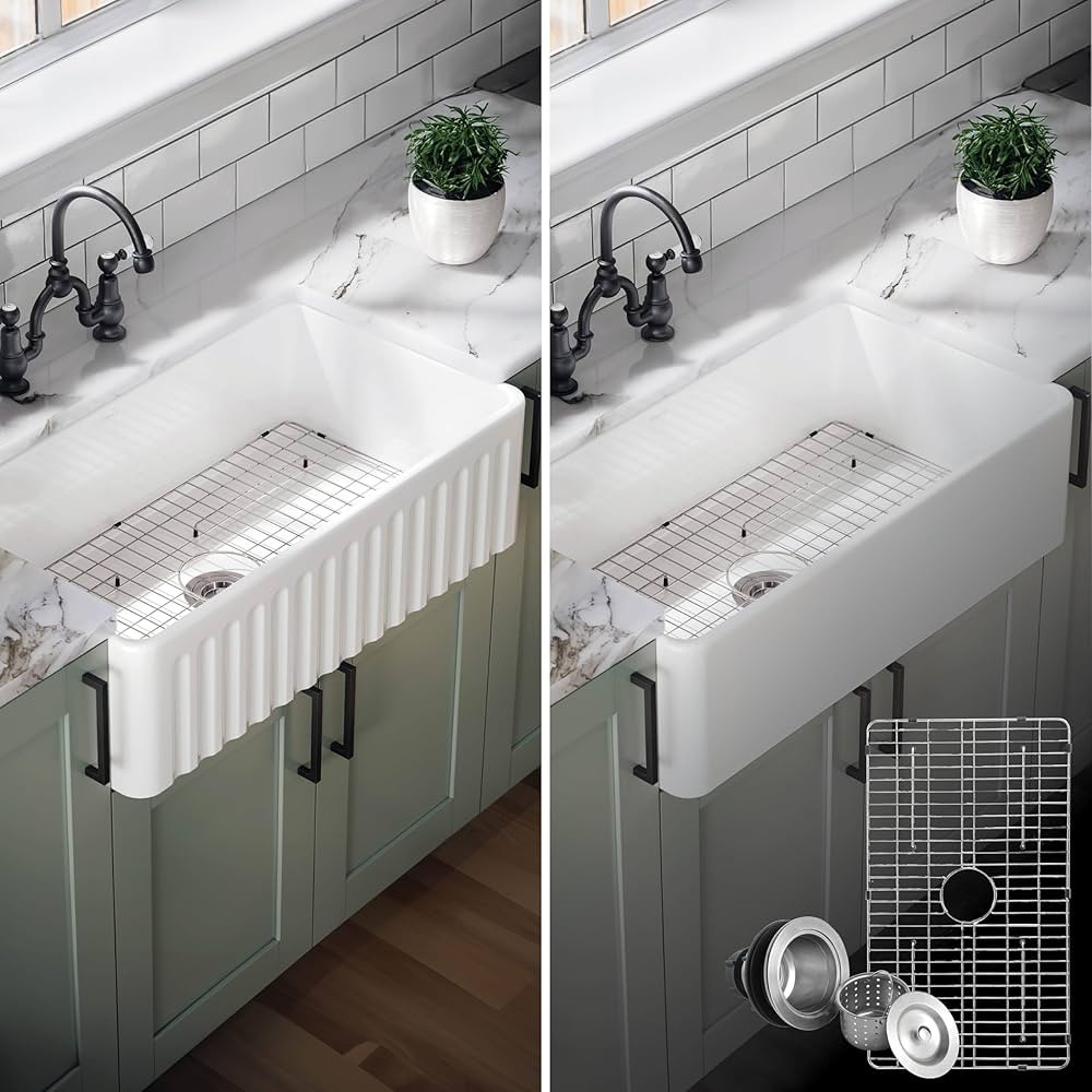 DunmoreHome 33 Inch Farmhouse Kitchen Sink, Reversible Design, cUPC, 33x18 Clay Apron Front, Whit... | Amazon (US)