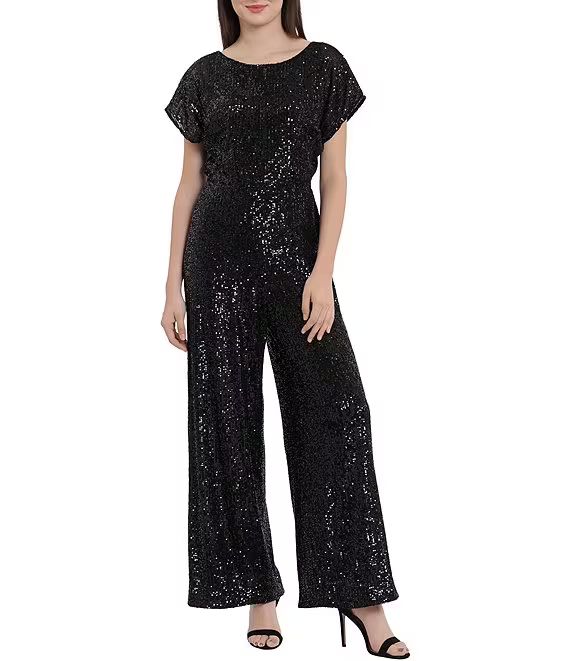 Maggy London Sequin Round Neck Short Sleeve Wide Leg Jumpsuit | Dillard's | Dillard's