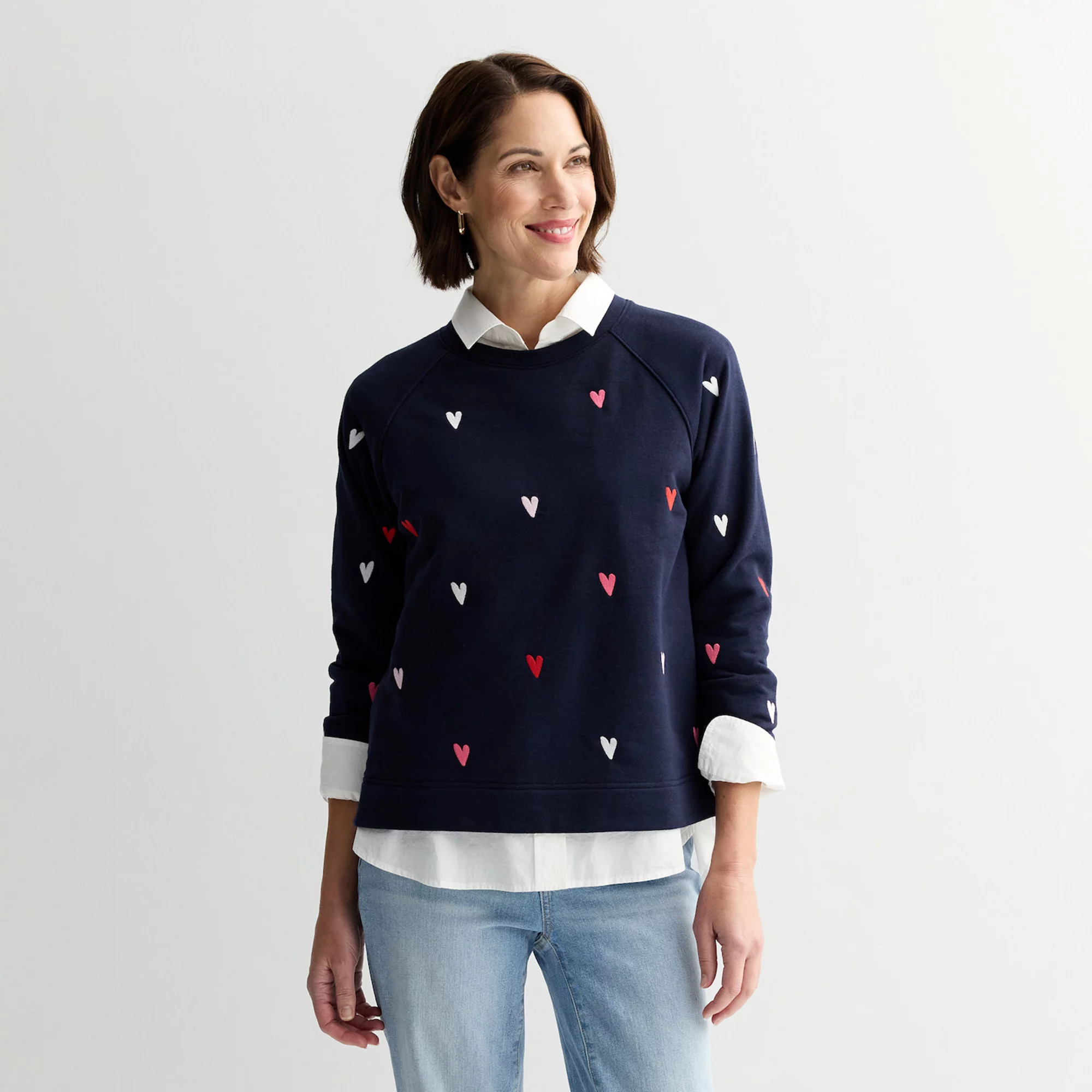 Women's Chelsea & Theodore Long Sleeve Crew Neck Sweater With Hearts | Kohl's