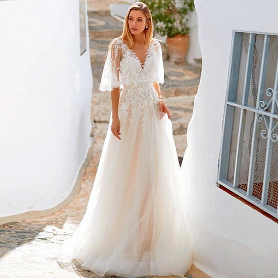 A Line Wedding Dress V Neck Wedding Dress Wedding Dress A | Etsy | Etsy (US)