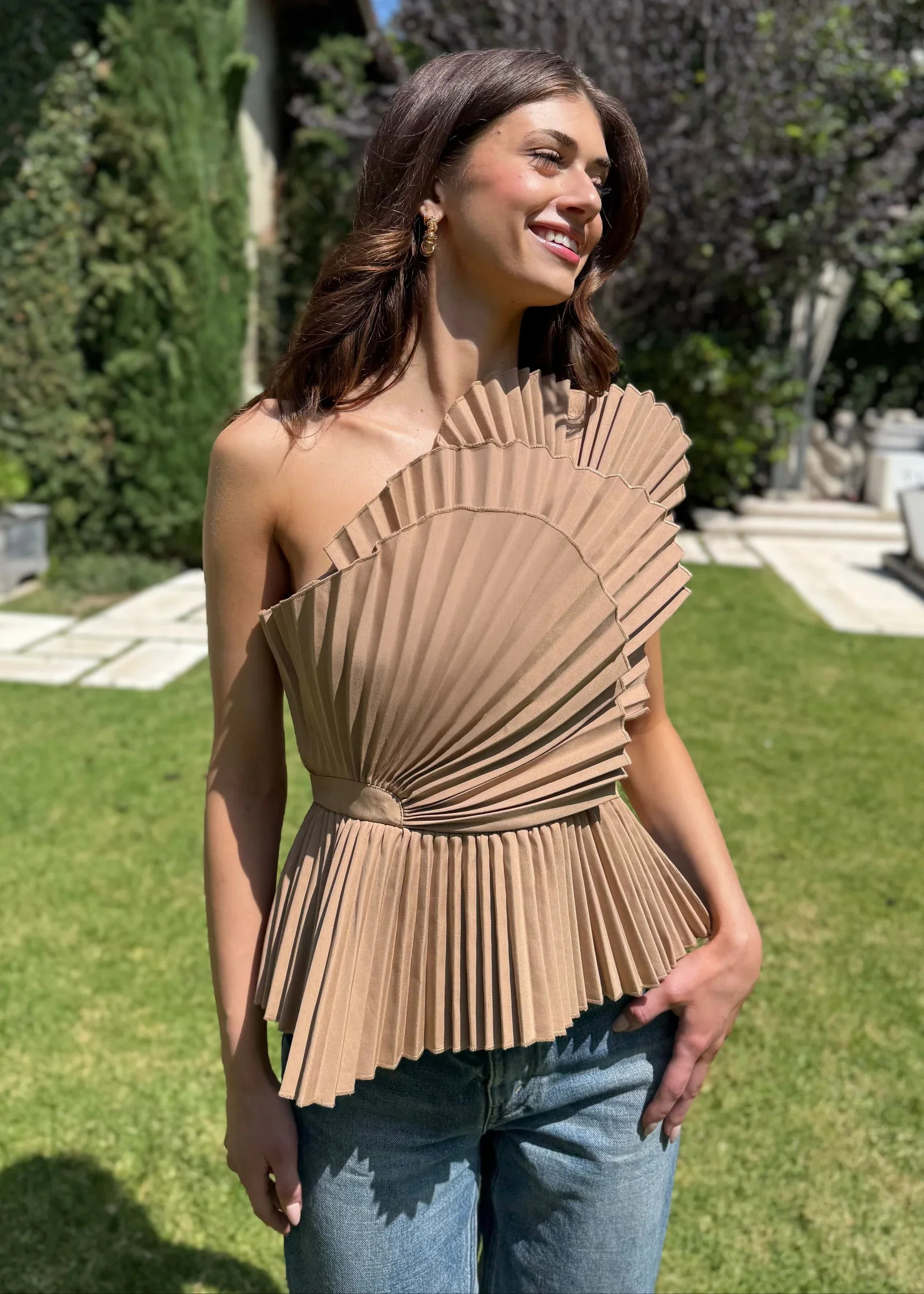 Marcia Asymmetric Pleated Peplum Accent Top - Mocha | Benaar La