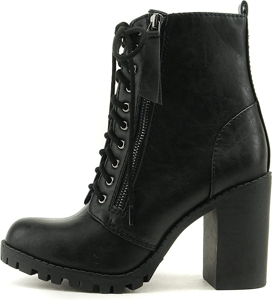 SODA Malia Round Toe Stacked Lug Heel Lace Up Ankle Booties | Amazon (US)