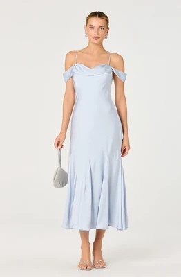 ASTR the Label | Araxie Satin Off-Shoulder Godet Midi Dress in White | Size S | ASTR The Label (US)