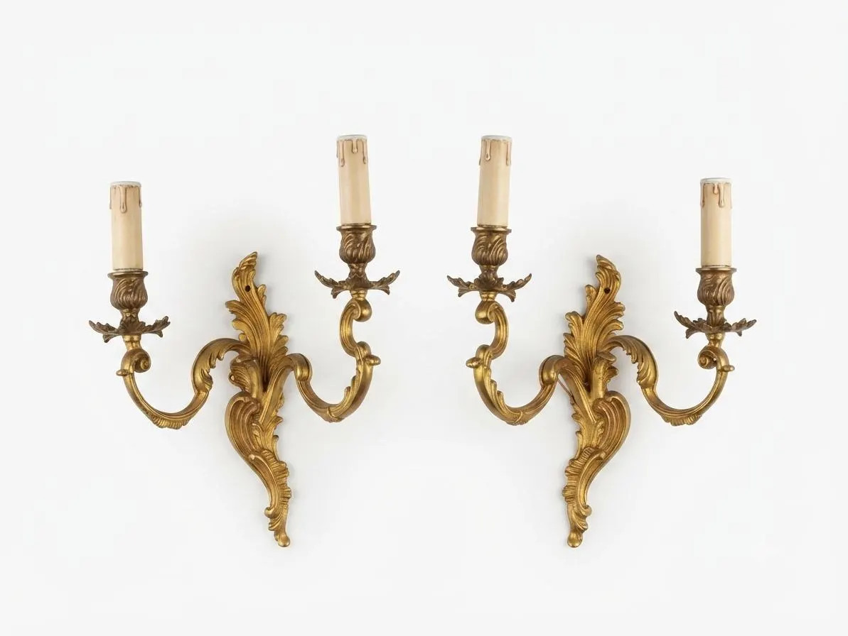 Spectacular pair of gilt bronze wall sconces, 1950s Louis XV Rococo French style | Etsy (Global)