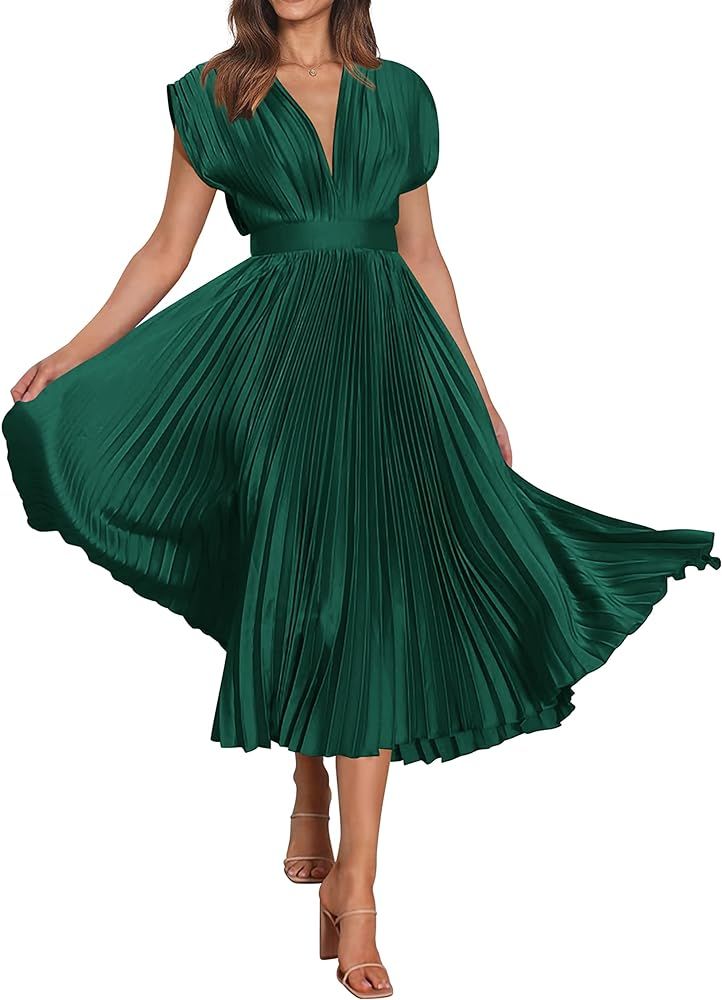 MASCOMODA Elegant Satin V Neck Pleated Midi Dress Short Sleeve Formal High Waisted Flowy Long Sum... | Amazon (US)