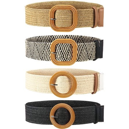 Straw Woven Elastic Stretch Belt for Women Fashion Skinny Dress Boho Belt with Wooden Style Buckle | Walmart (US)