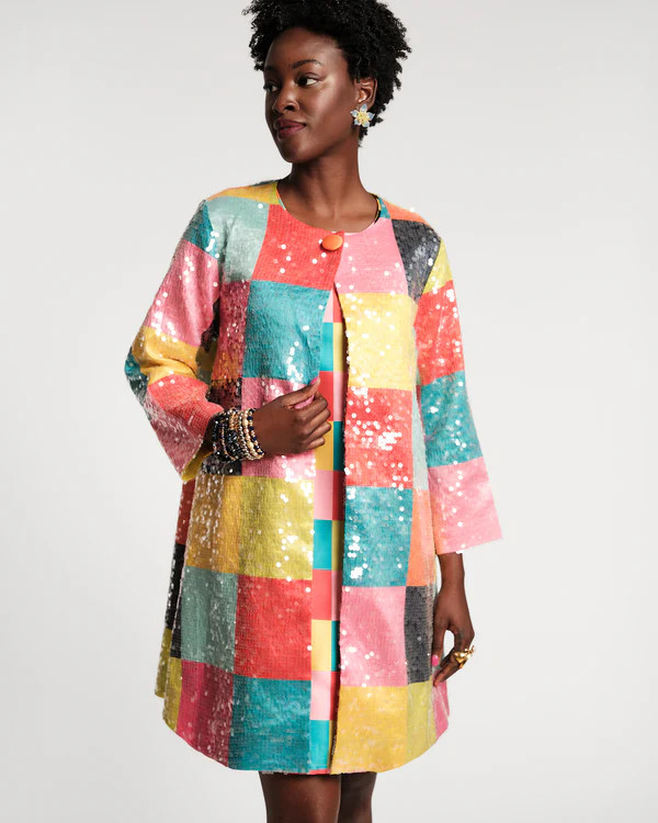Sequin Swing Coat - Rainbow Check | Frances Valentine