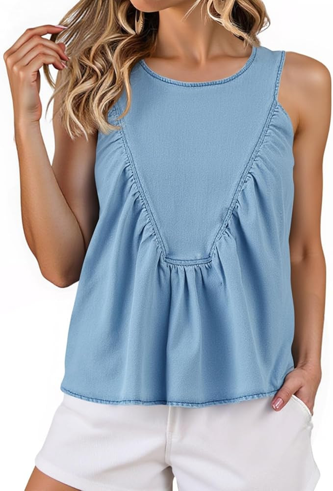 Cicy Bell Womens Babydoll Peplum Denim Tank Tops Loose Fit Swing Flowy Shirred Sleeveless T Shirt... | Amazon (US)