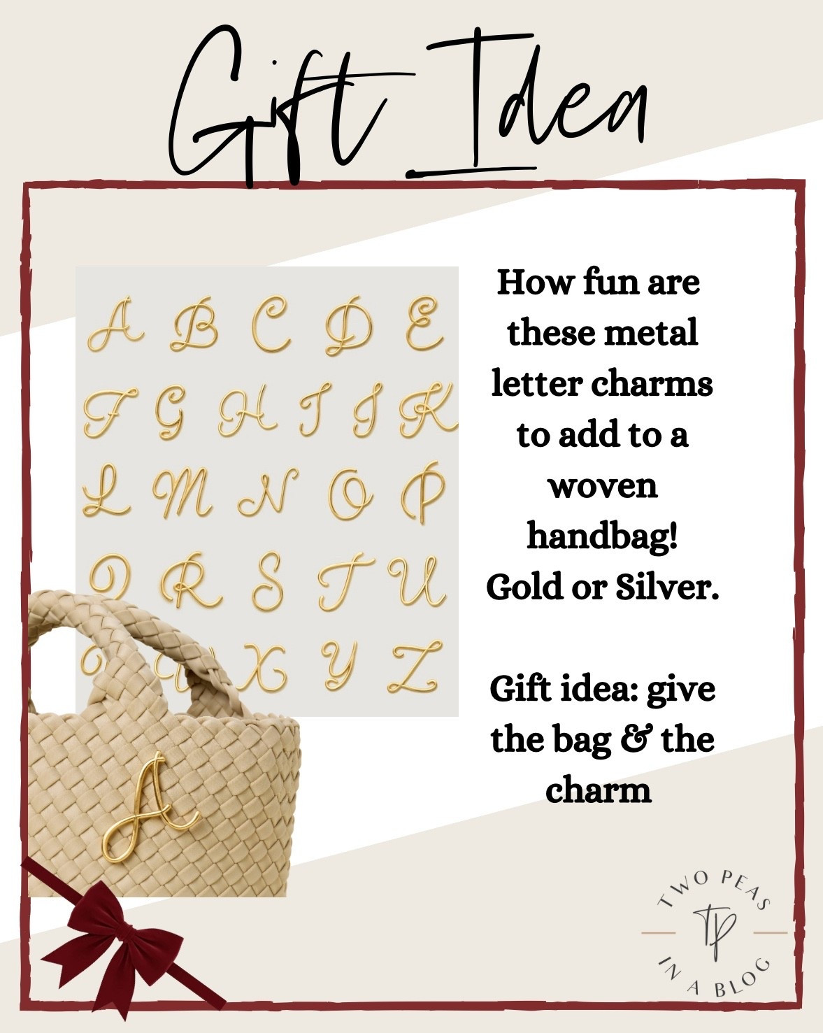 Gold or Silver alphabet bag charm. Add to a woven handbag. Gift idea. Gift idea for her. 

#LTKOver40 #LTKGiftGuide #LTKHoliday
