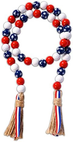 4th of July Decorations Patriotic Wood Bead Garland, Farmhouse Tiered Tray Decor with Jute Rope P... | Amazon (US)