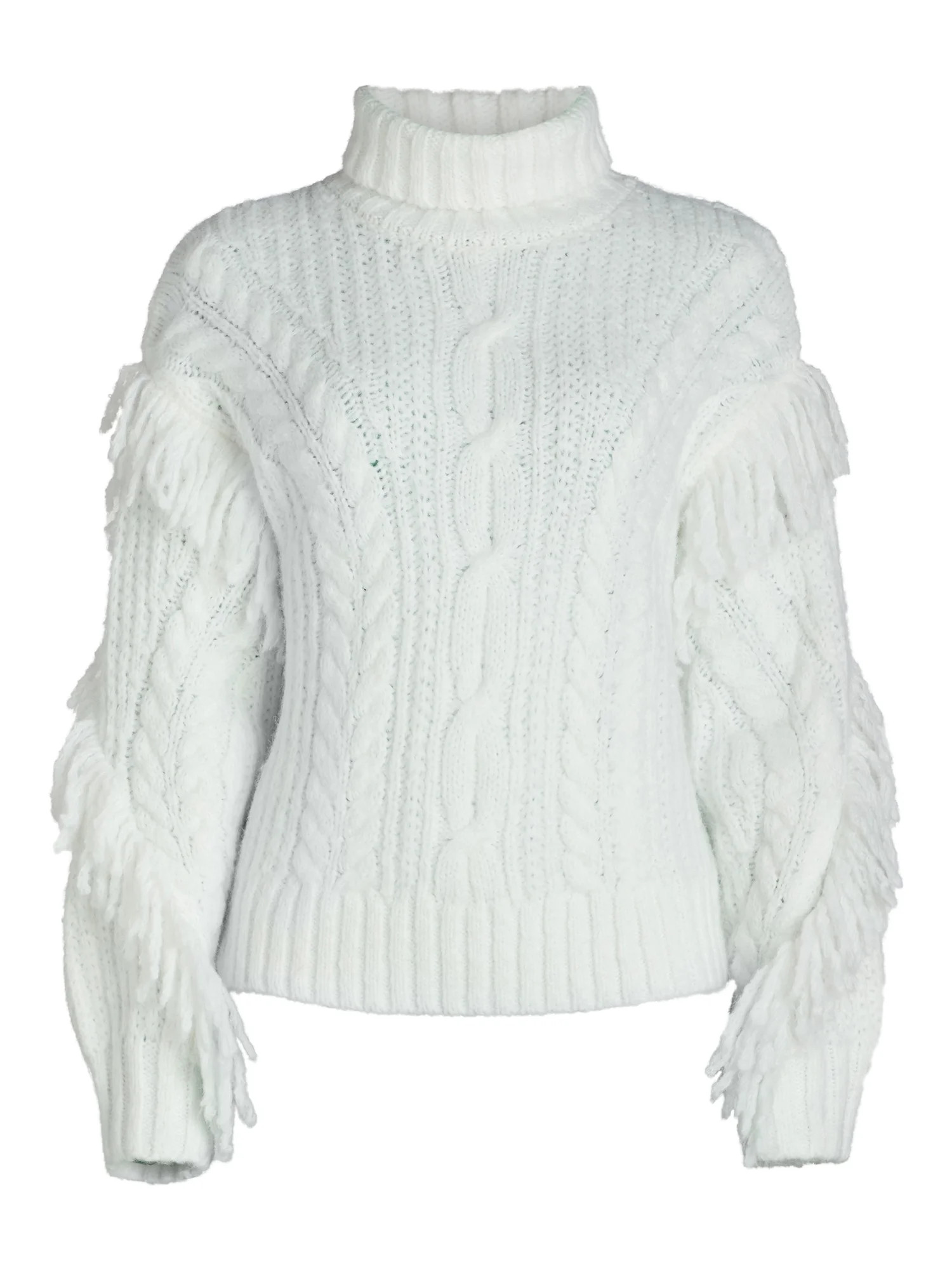 Scoop Women’s Cable Knit Turtleneck Sweater with Fringe, Midweight, Sizes XS-XXL | Walmart (US)