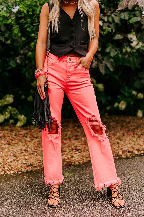 Risen The Eras High Waist Distressed Jean in Coral | Impressions Online Boutique