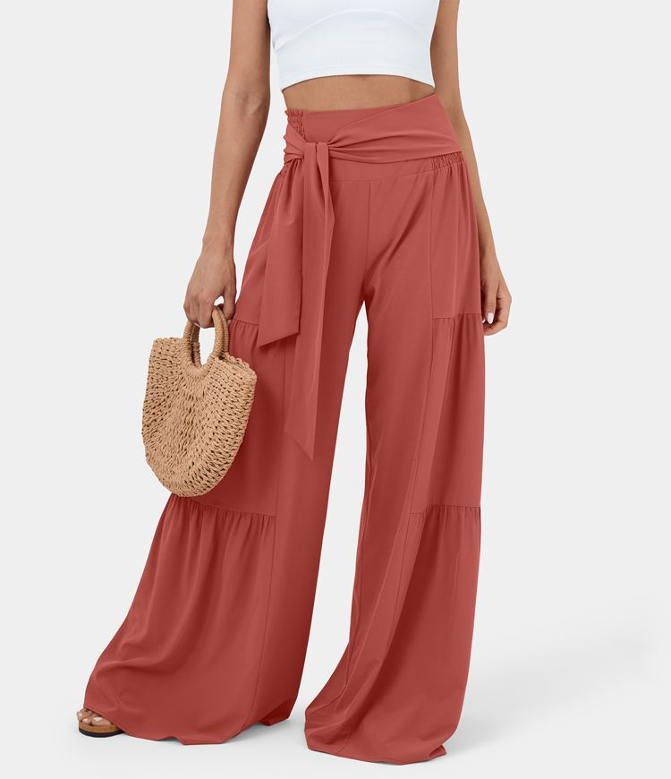 Breezeful™ High Waisted Shirred Tie Front & Back Plicated Wide Leg Flowy Quick Dry Casual Pants | HALARA