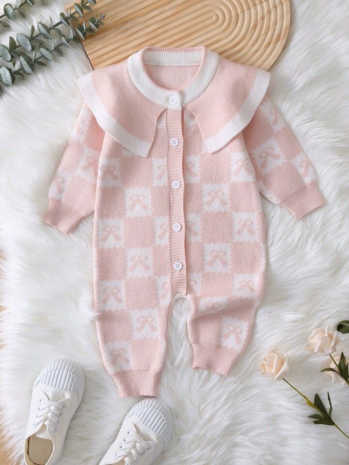 Baby Girl Checkerboard & Floral Pattern Peter Pan Collar Knit Jumpsuit | SHEIN