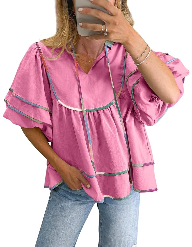 Cicy Bell Womens Summer Babydoll Tops V Neck Short Lantern Sleeve Shirts Cute Loose Fit Peplum Fl... | Amazon (US)