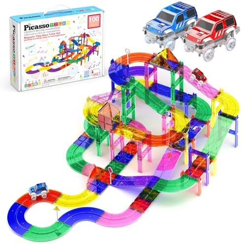 PicassoTiles 100 Pcs Race Track Magnetic Tiles Building Set LED Cars Truck Included with Adjustab... | Amazon (US)