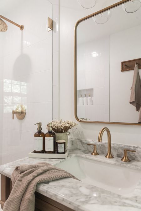 Modern farmhouse small bathroom vanity styling #vanity #bathroom #goldmirror 

#LTKstyletip #LTKunder50 #LTKhome