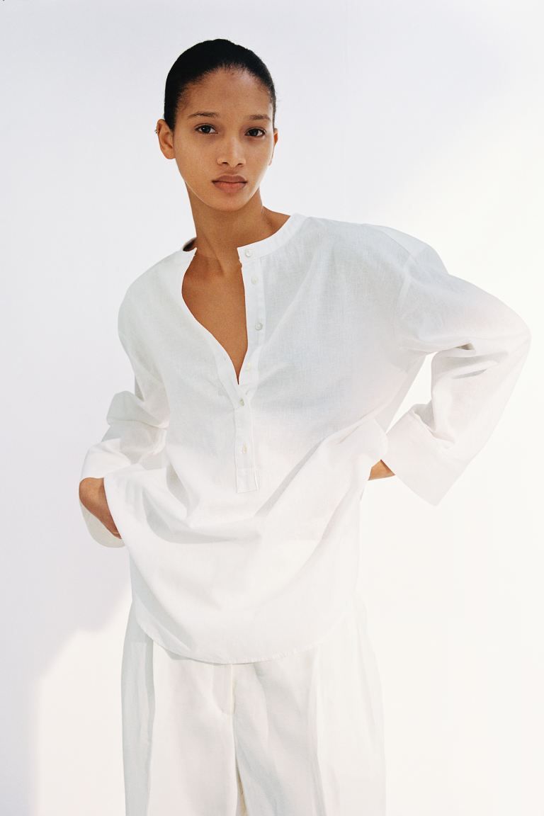 Linen-blend Pullover Shirt - Long sleeve - Long - White - Ladies | H&M US | H&M (US + CA)