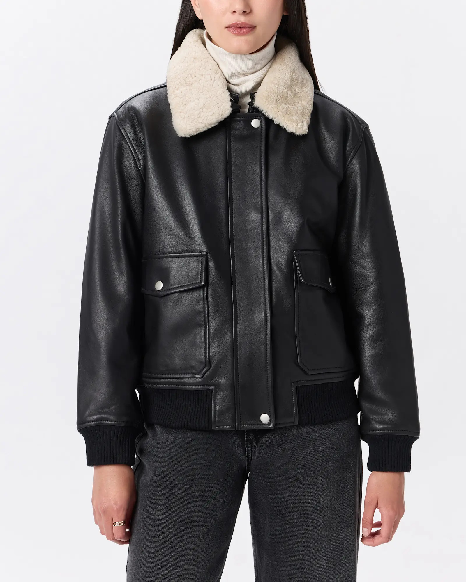 100% Leather Shearling Trim Aviator Jacket | Quince