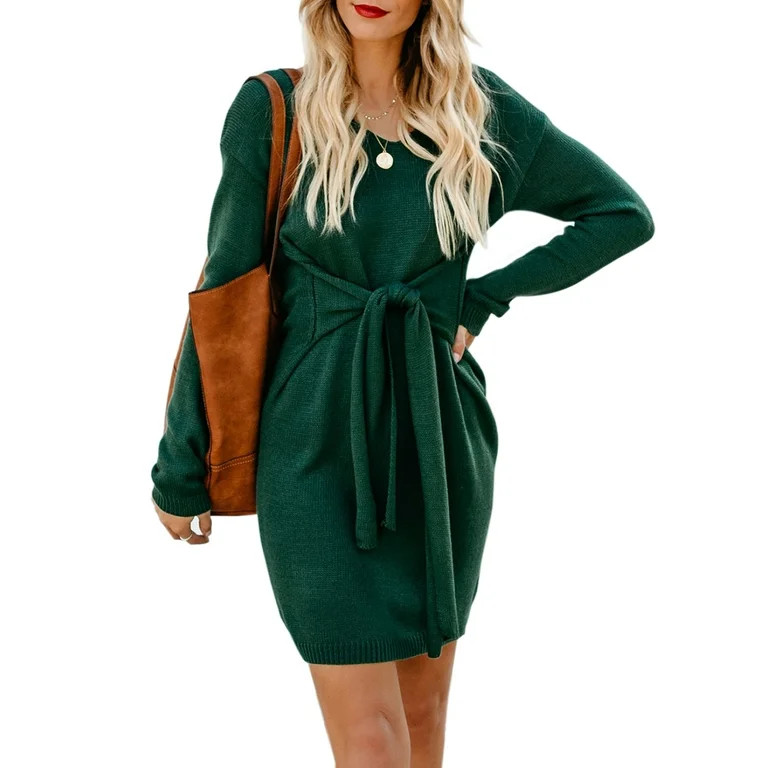 Women's Xmas Christmas Green Mini Dress Long Sleeve Knitted Tie Waist Sweater Tunic Dress Size Me... | Walmart (US)