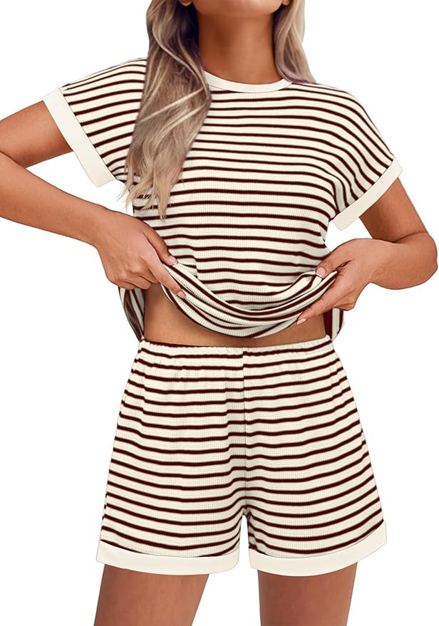 EKOUAER 2 Piece Sets for Women Summer Outfits Cute Stripe Knit T Shirts Shorts Matching Lounge Se... | Amazon (US)