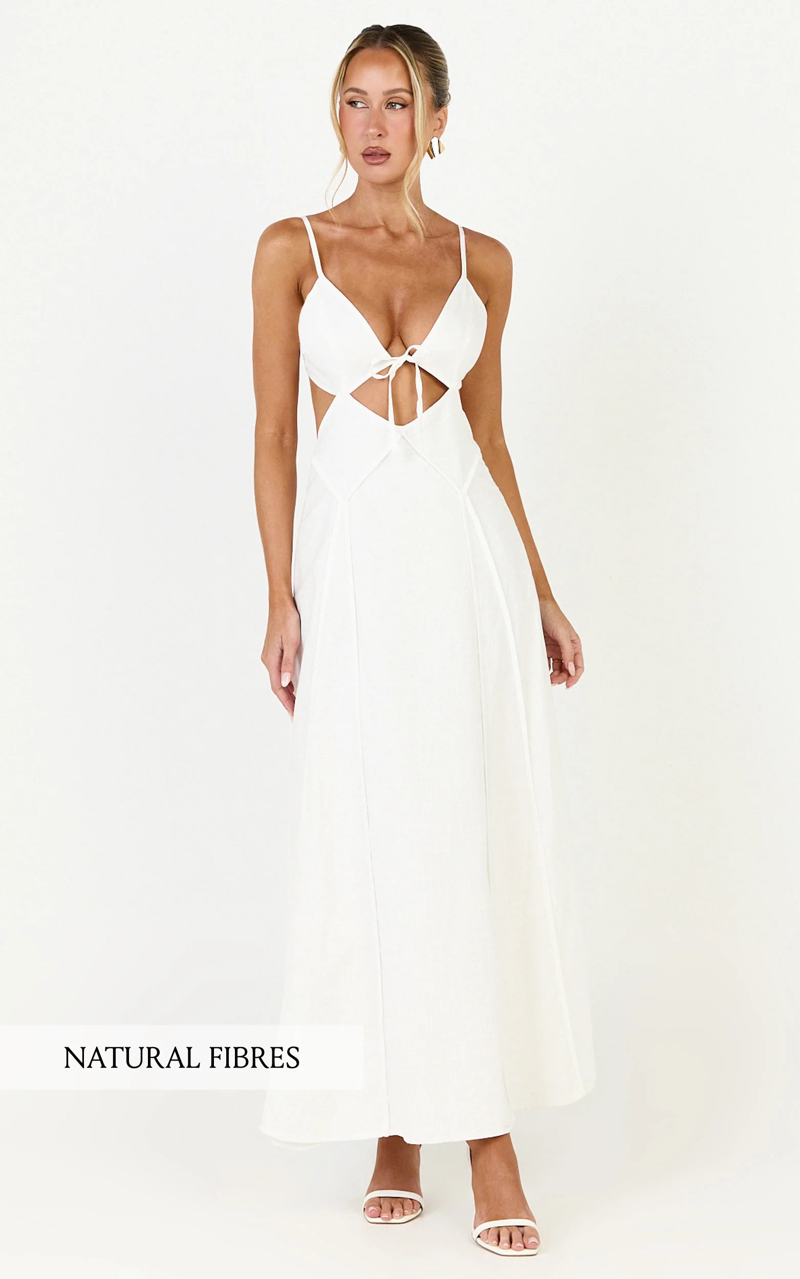 Grace Midi Dress - Strappy Cutaway with Godet Detail Dress in White | Showpo (US, UK & Europe)