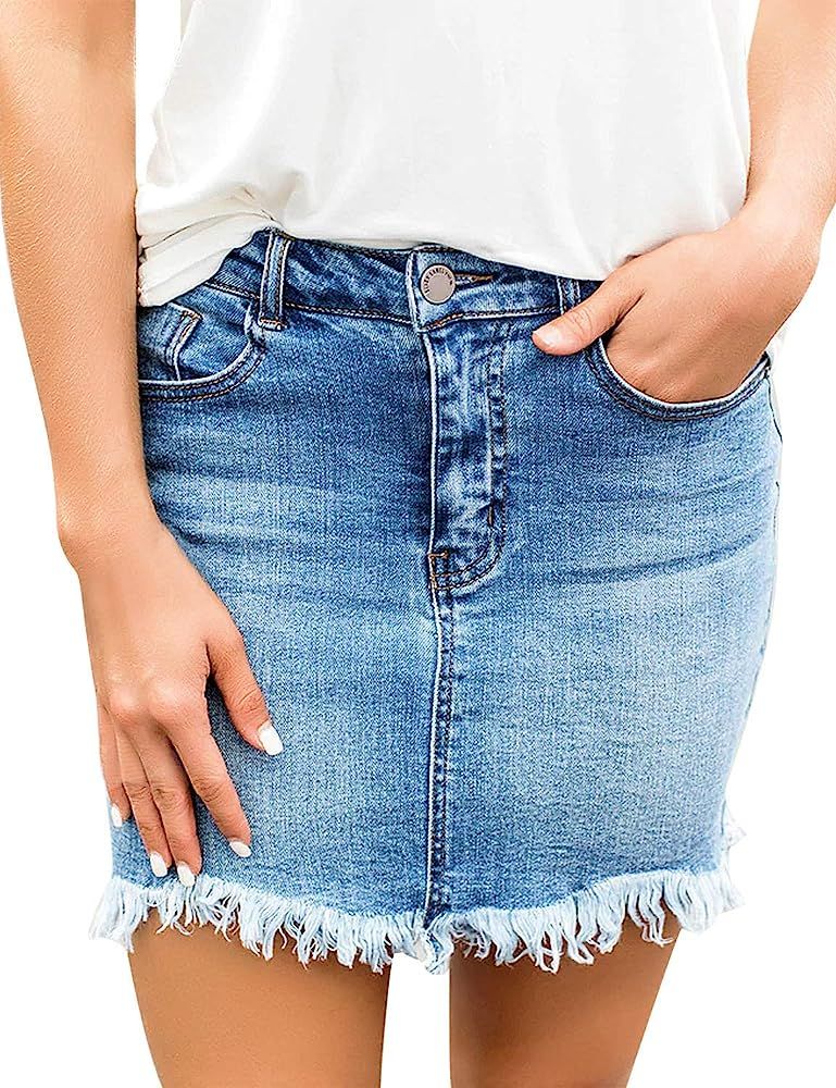 luvamia Women's Casual Mid Waisted Washed Frayed Pockets Denim Jean Short Skirt | Amazon (US)