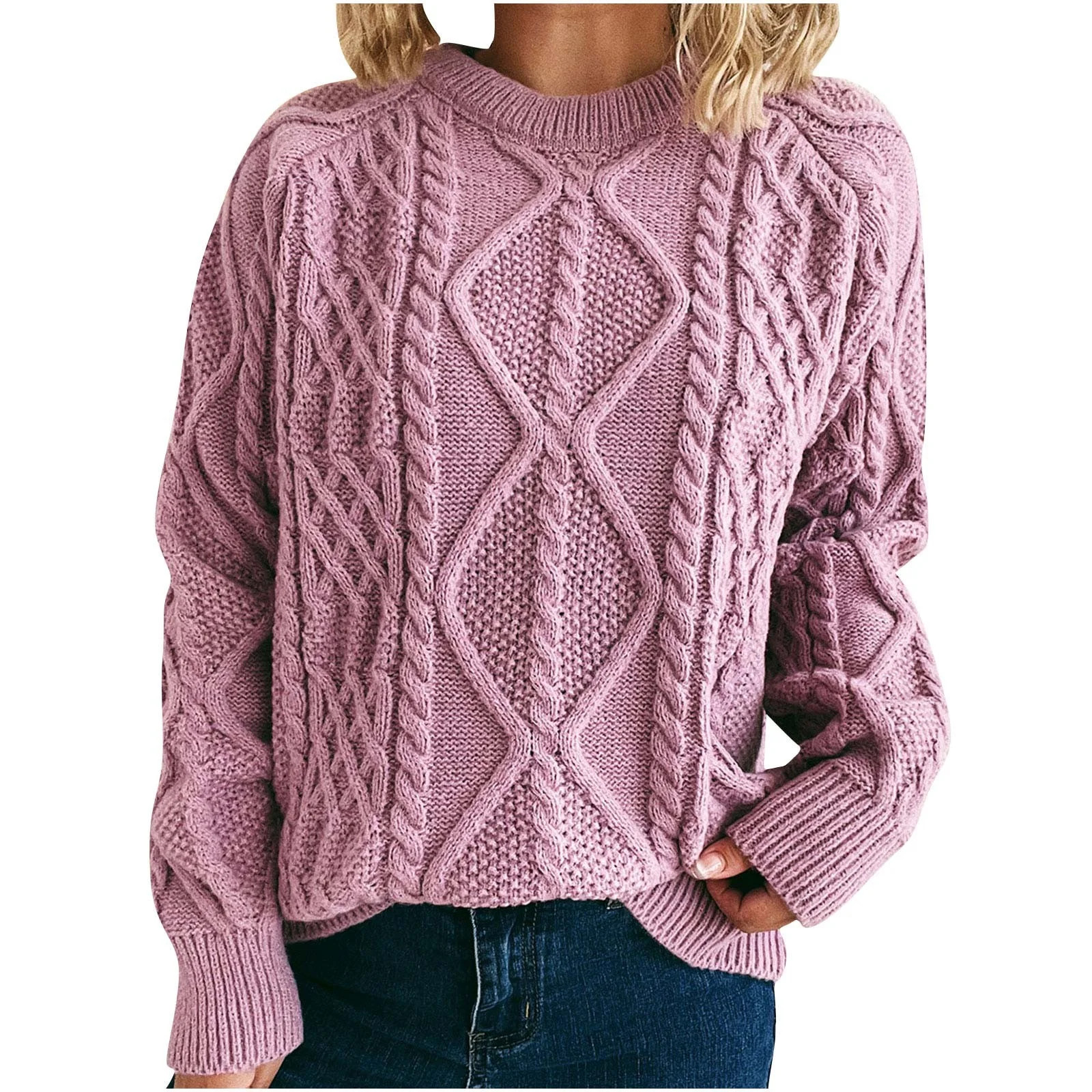 Htigea Fall Sweaters for Women Cable Knit Crew Neck Long Sleeve Pullover Casual Loose Fit Jumpers... | Walmart (US)