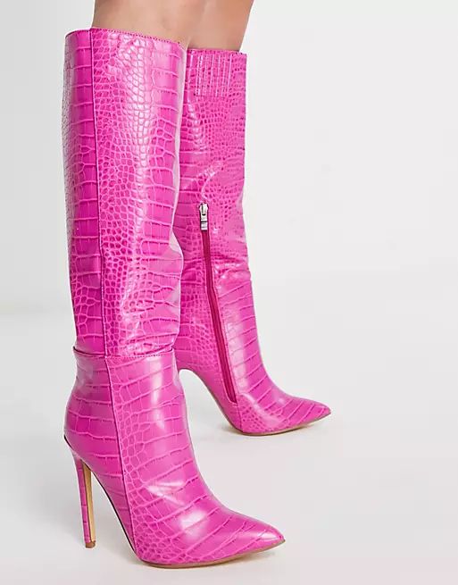 Ego Rose knee high heel boots in pink croc | ASOS (Global)