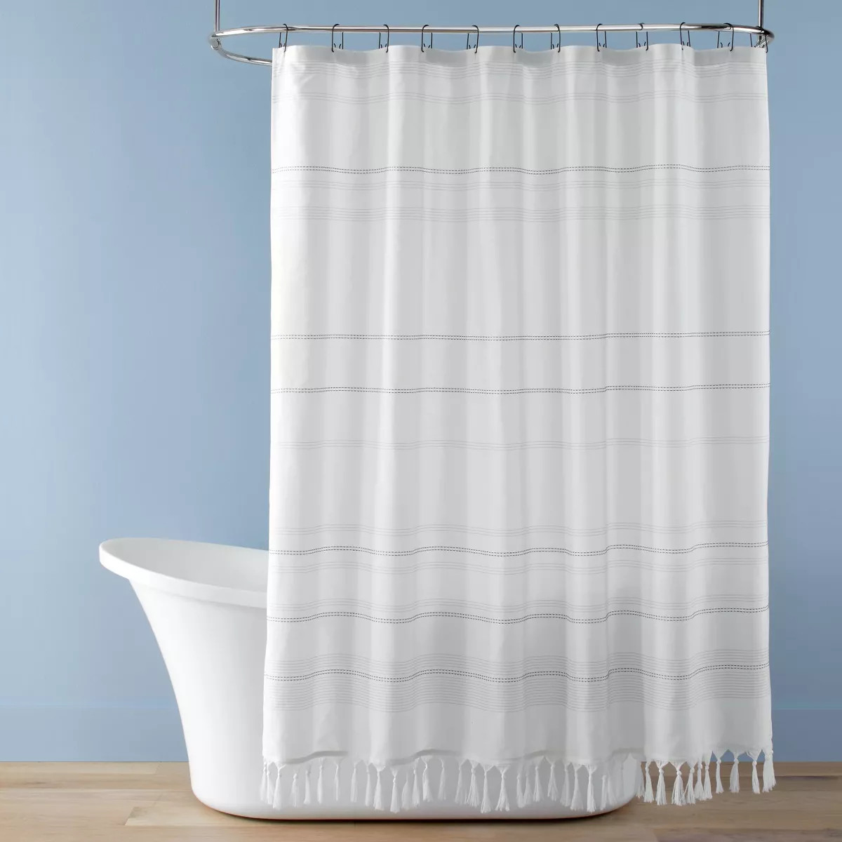 Woven Stripe Tassel Shower Curtain White/Dark Gray - Hearth & Hand™ with Magnolia: Polyester, D... | Target