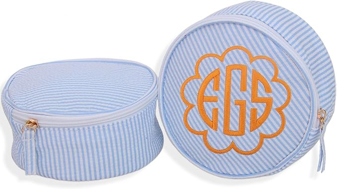 Threadart Personalized Round Cosmetic Bag with Embroidery – Light Blue Seersucker - Custom Mono... | Amazon (US)